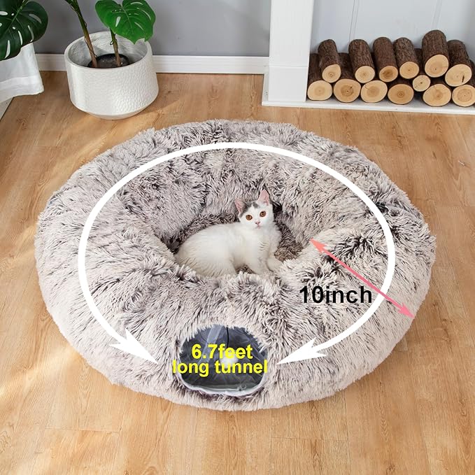 LUCKITTY Warm Fluffy Plush Cat Dog Tunnel Bed with Washable Cushion-Big Tube Playground Toys 3 FT Diameter Longer Crinkle Collapsible 3 Way, for Indoor Cat Kitty Kitten Puppy Rabbit Ferret Brown