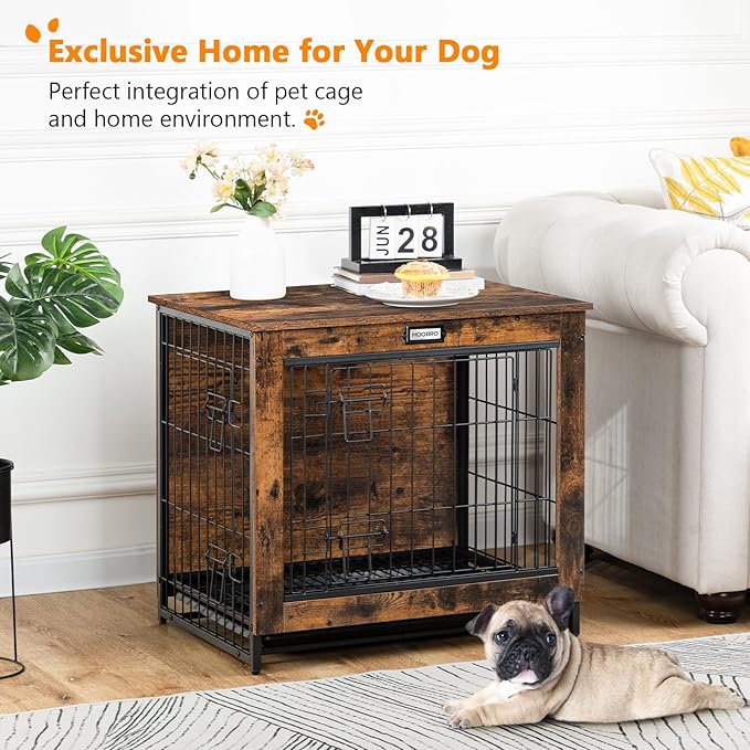 Dog Crate Furniture, 25.5" Small Dog Kennel Indoor, Wooden Dog Crate with Pull-Out Tray, Double Doors Dog House, Modern Side End Table for Small/Medium Dog, Rustic Brown BF642GW03G1