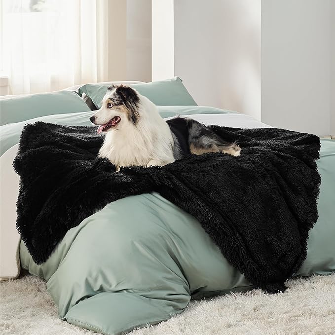 Bedsure Waterproof Dog Blankets for Large Dogs - Calming Cat Blanket for Couch Protector Washable, Long Faux Fur Pet Throw Blanket for Puppy, Reversible Furniture Protection, 50"x60", Black