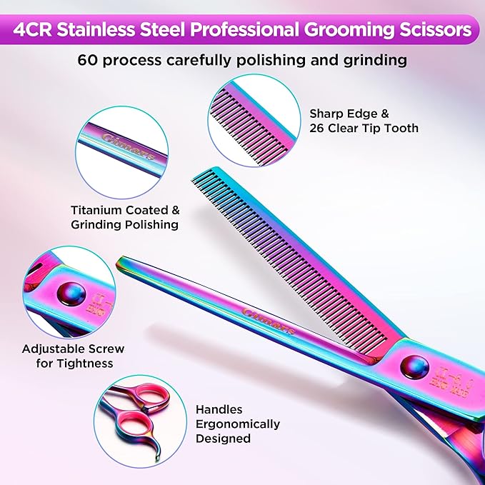 Gimars Professional 4CR Stainless Steel 6 in 1 Grooming Scissors for Dogs with Safety Round Tip, Heavy Duty Titanium Coated Pet Grooming Scissor for Dogs, Cats and Other Animals