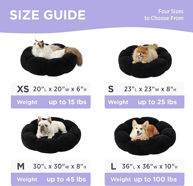 Lesure Calming Medium Dog Bed - Flower Donut Round Fluffy Puppy Bed in Plush Teddy Sherpa, Non-Slip Cute Flower Cat Beds for Indoor Cats, Medium Pet Bed Fits up to 45 lbs, Machine Washable, Black 30"