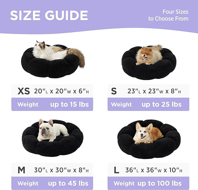Lesure Calming Large Dog Bed - Flower Donut Round Fluffy Puppy Bed in Plush Teddy Sherpa, Non-Slip Cute Flower Dog Beds, Large Pet Bed Fits up to 100 lbs, Machine Washable, Black 36"