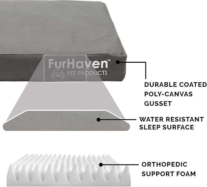 Furhaven Water-Resistant Orthopedic Dog Bed for Large Dogs w/ Removable Washable Cover, For Dogs Up to 95 lbs - Indoor/Outdoor Logo Print Oxford Polycanvas Mattress - Stone Gray, Jumbo/XL