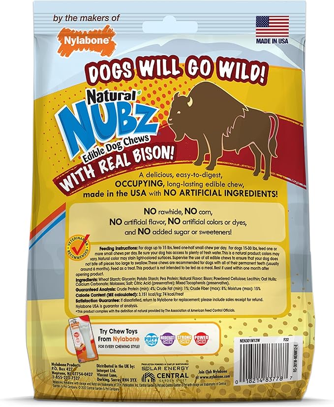 Nylabone Nubz WILD Natural Edible Chew Treats for Dogs, Made in USA, Bison Flavor, Small - Up to 25 lbs. (12 Count)