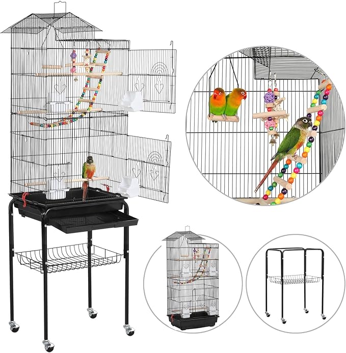 Yaheetech Bird Cage 64-inch Play Open Top Medium Small Parrot Parakeet Bird Cages with Detachable Rolling Stand for Parrot Lovebirds Finches Parakeets Budgie Parrotlet Conures, Pet Flight Birdcage