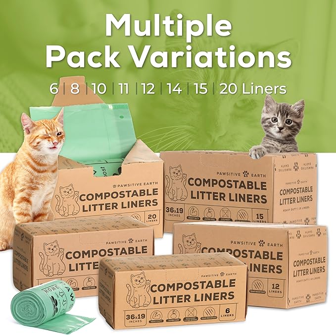 Cat Litter Box Liners 100% Compostable - Drawstring Close - 6 Count - Jumbo Size 36" x 19" - Tear & Leak Resistant - OK Compost Home Certified