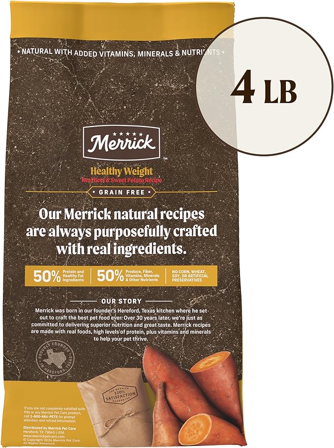 Merrick Premium Grain Free Dry Dog Food Weight Management Dog Food, Wholesome and Natural Kibble, Healthy Weight Recipe - 4.0 lb. Bag