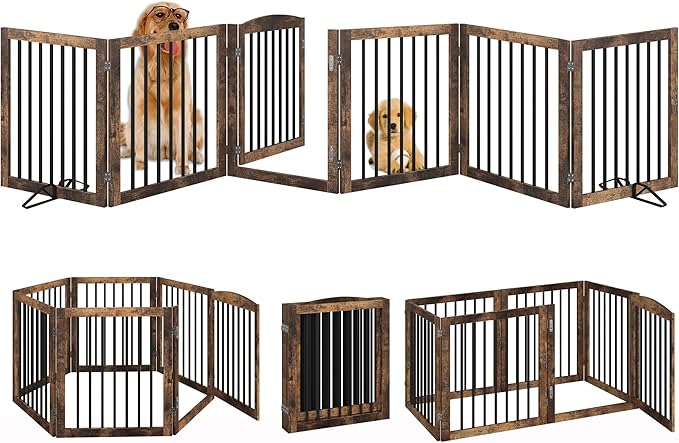 Folding Pet Gate 144" Wide, 30" Tall No-Assembly Wooden Dog Gate with Door Walk Through, Freestanding Pet Gate, Puppy Safety Fence, with 2PCS Support - Rustic Brown