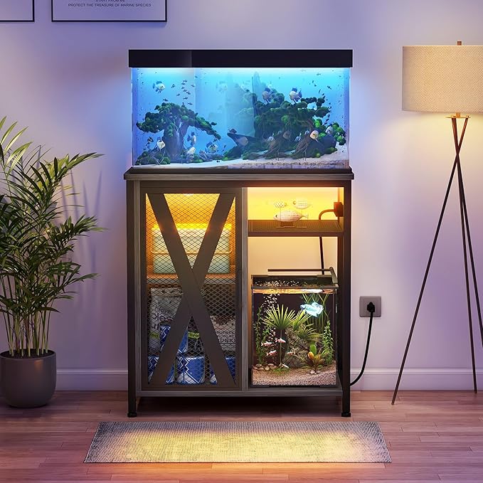 DWVO 20-29 Gallon Aquarium Stand with Power Outlets & LED Light, Cabinet for Fish Tank Accessories Storage - Metal Fish Tank Stand Suitable for Turtle Tank, Reptile Terrarium, 350LBS Capacity, Grey