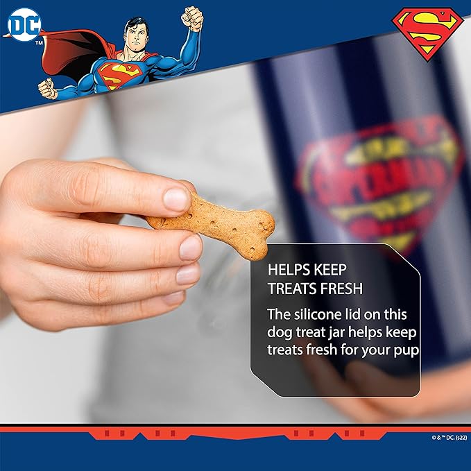 DC Comics Superman Logo Pattern Treat Jar | 10"x 5" Dog Treat Jar with Lid | Dishwasher Safe Superman Dog Food Storage Container Cylinder for Dog Treats