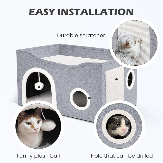 Heeyoo Cat House for Indoor Cats - Large Cat Bed Cave with Fluffy Ball and Scratch Pad, Foldable Cat Condos, Cat Cubes, Cat Hideaway, Covered Cat Bed