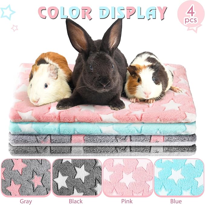 4 Pcs Waterproof Guinea Pig Bedding Winter Guinea Pig Plush Cage Liners Soft Dog Cat Bed Mat Reversible Cozy Animal Pee Pad Hamster Bed Mat Washable for Bunny (Cute Star,13 x 10 Inch)