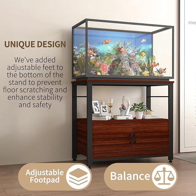 Fish Tank Stand Metal Aquarium Stand with Cabinet Accessories Storage 40-50 Gallon, Double Layer Metal with Storage Weight Capacity 760lbs, Black Teakwood Brown