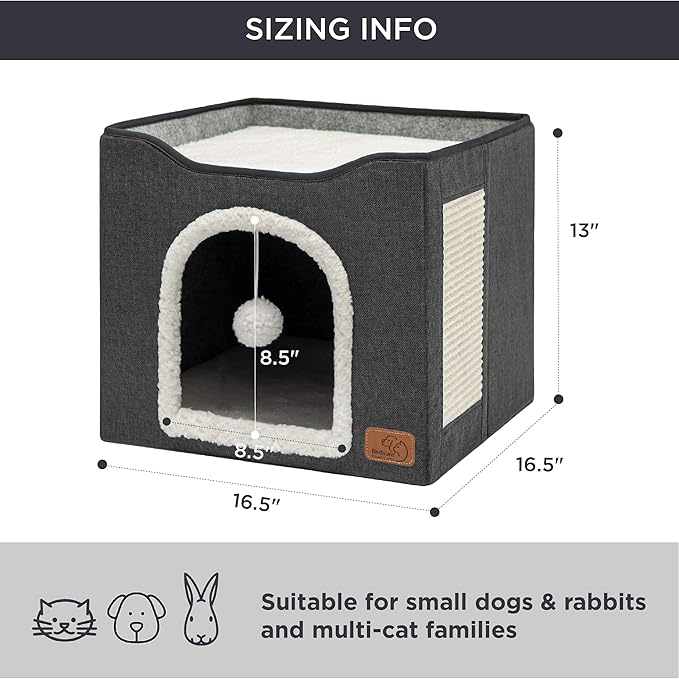 Bedsure Cat Beds for Indoor Cats - Large Cat Cave for Pet Cat House with Fluffy Ball Hanging and Scratch Pad, Foldable Cat Hideaway,16.5x16.5x13 inches, Dark Grey