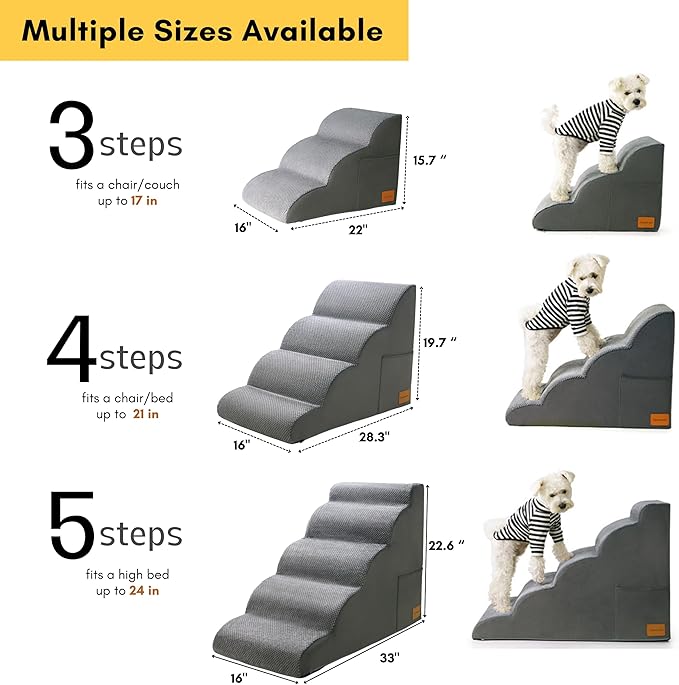 Dog Stairs for Small Dogs, JYpawsiepal dog steps for High Bed and Couch, Pet Ramp with High Density Foam, Non-Slip Balanced Indoor Pet Stairs 5 Step Pet Steps Grey