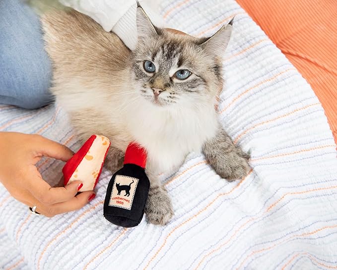 Pearhead Pet Cheese and Wine Plush Cat Toys, Set of 2, Wine and Cheese Catnip Toys, Crinkle Cat Toys, Cat Owner Valentine's Day Keepsake