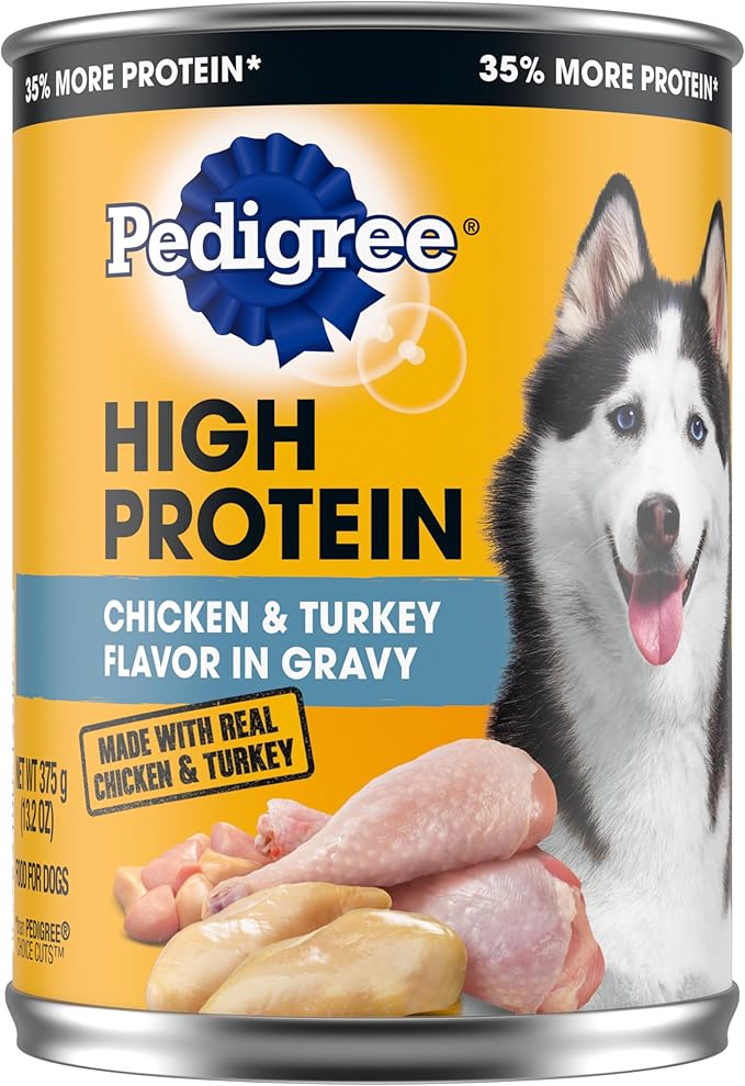 PEDIGREE High Protein Adult Canned Wet Dog Food, Chicken & Turkey Flavor in Gravy, (12) 13.2 oz. Cans