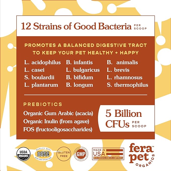 Fera Pets Organic Probiotics for Dogs & Cats - Vet Created - Cat & Dog Probiotic Supplement - 12 Strains & Prebiotics for Pet’s Digestion - 60 Scoops