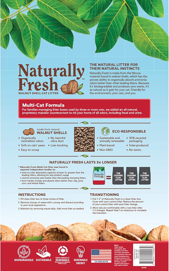 Naturally Fresh Cat Litter - Walnut-Based Quick-Clumping Kitty Litter, Unscented, Multi Cat, 26 lb