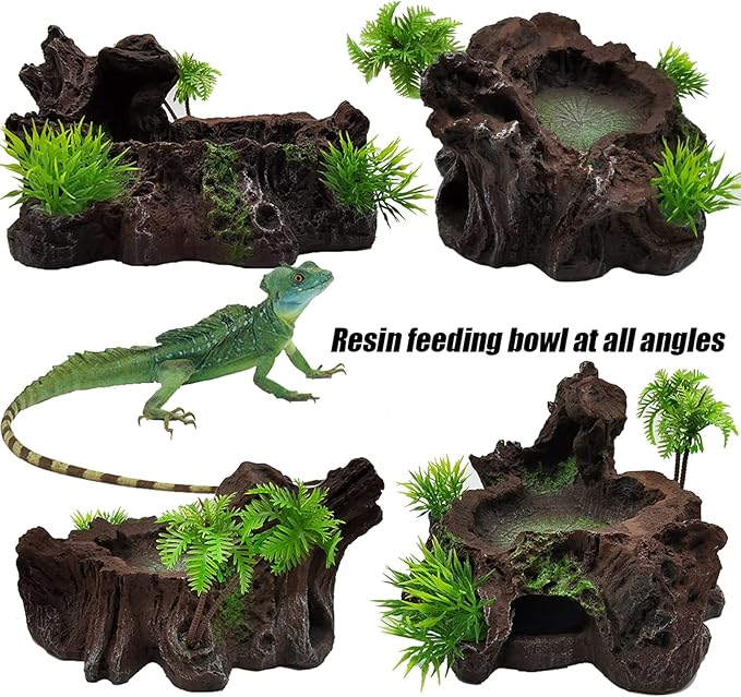 Tfwadmx Reptile Feeding Bowl,Resin Beared Dragon Food Water Dish Tank Decor with Artificial Plants for Lizard Gecko Chameleon Frog Turtle Spider