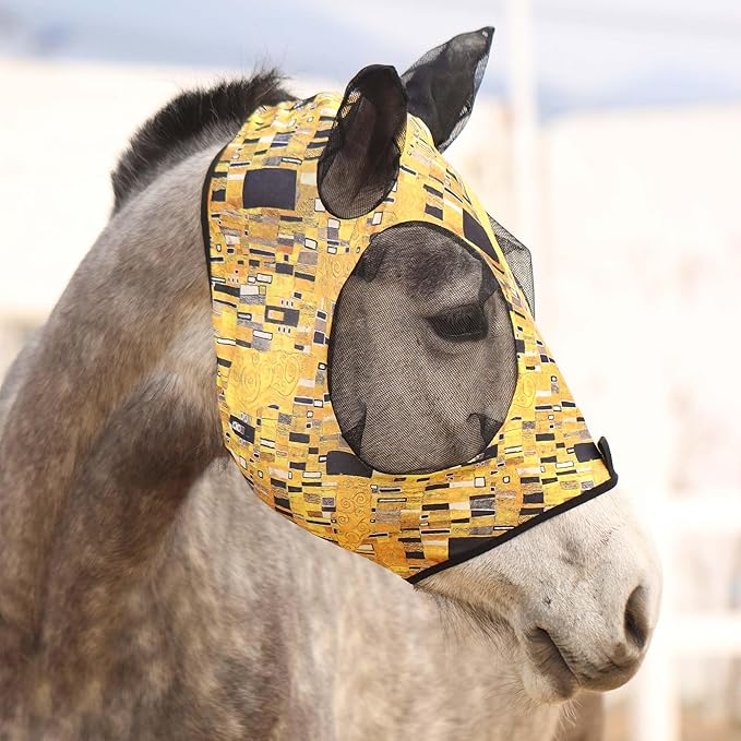 Harrison Howard Super Comfort Stretchy Fly Mask Large Eye Space with UV Protection Soft on Skin with Breathability Golden Shape L