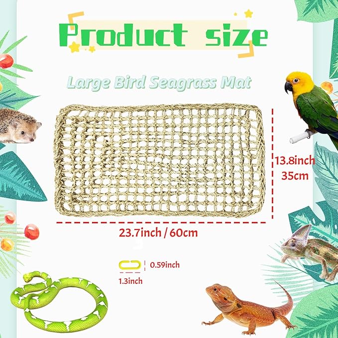 Large Bird Seagrass Mat 23.7×13.8''Natural Seagrass Woven Bird Net Hammock Climbing Rope Ladder with Hooks Chew Toy for Parrot Guinea Pig Lovebird Cockatiel Pigeon