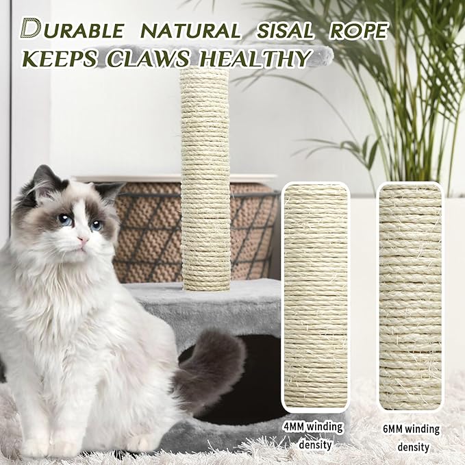 Natural Sisal Rope 1/4 Inch 32-Feet for Cat Tree Tower Repair and Replace Scratching Post, DIY Hemp Twine Rope for Cat Scratching Furniture Window Perch and Crafts Gardening Home Decorating