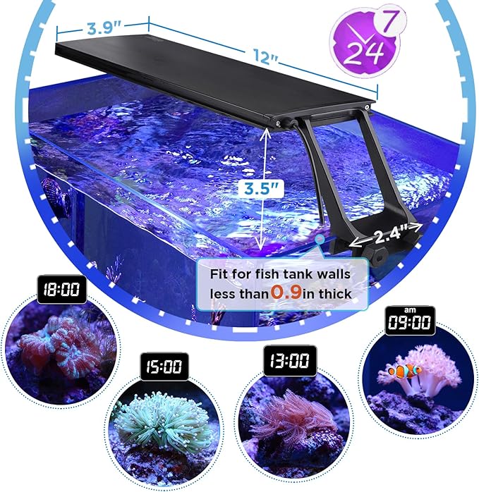 hygger Clip On 24/7 Saltwater Aquarium LED Light, 22W Sunrise-Daylight-Moonlight Mode and DIY Mode, Adjustable Timer Adjustable Brightness Fish Tank Light with 7 Colors for Coral Marine Tank