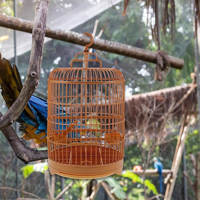 Small Bird Cage Bird Cage Plastic Round Bird Cage with Feeding Bowls and Standing Poles - Hanging Bird Cage for Parakeet Budgie Cockatiel Lovebird Finches Canary - Brown, 10 x 18 Bird Cages