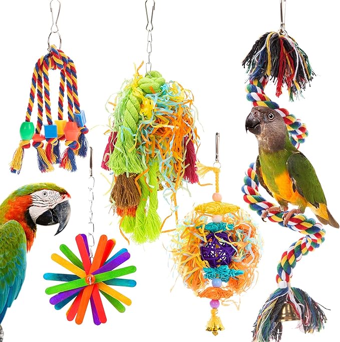 5PACK Bird Colorful Chewing Toys Parrot Foraging Shredder Toys Shred Hanging Foraging Toys,Comfy Perch Parrot Toys for Rope Bungee Bird Toy