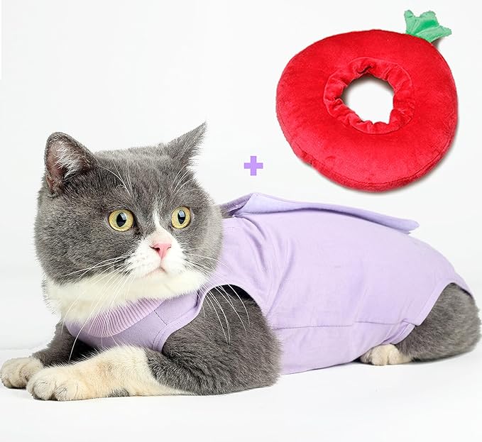 2PCS Cat Cone Collar and Cat Recovery Suit, Anti-Bite, Stop Licking Wounds, Adjustable Soft Elizabethan Cone, Cat Onesie for Female Cat After Surgery