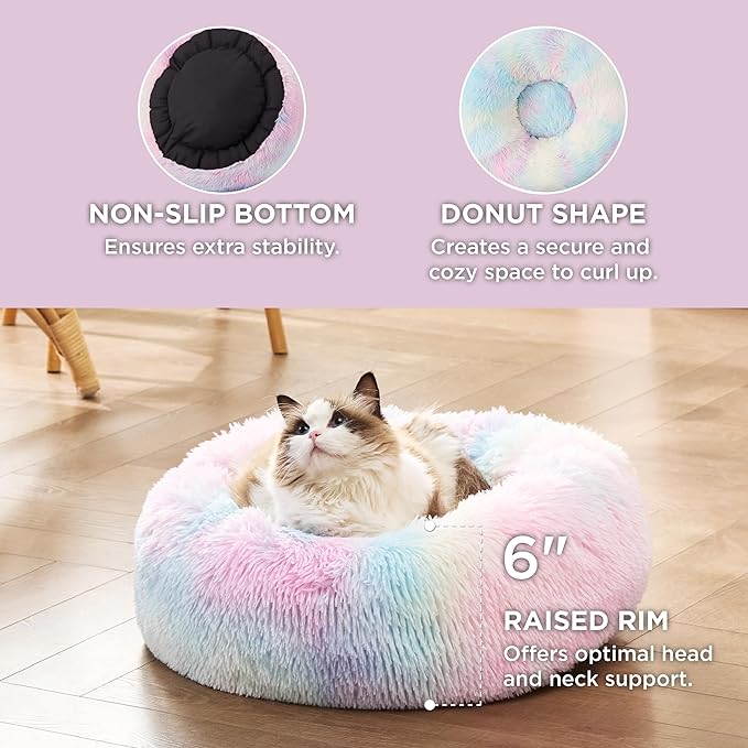 Bedsure Calming Cat Bed for Indoor Cats - Small Washable Round Cat Bed, Anti-Slip Fluffy Plush Faux Fur Pet Bed, Fits up to 15 lbs Pets, Multi-Colored, 20 inches