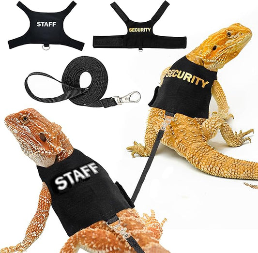 Premium 2Pack Bearded Dragon Leash and Harness Set-Perfect Lizard Leash for Bearded Dragon-Adjustable Bearded Dragon Harness for Secure Walks-Fun Staff and Security Designs