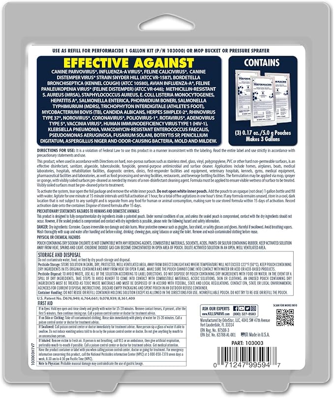 STAR BRITE PERFORMACIDE No-Rinse Disinfectant / Deodorizer for Pet Surfaces | Kills Parvovirus, Ringworm, Feline Calicivirus, Avian Influenza (Bird Flu), 3 Gallon Eco-Friendly Refill Pouches