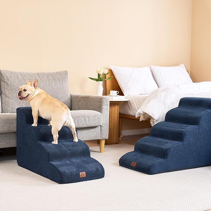 EHEYCIGA Curved Dog Stairs for High Beds 19.7" H, 4-Step Dog Steps for Small Dogs and Cats, Pet Stairs for High Bed Climbing, Non-Slip Balanced Pet Step Indoor, Navy