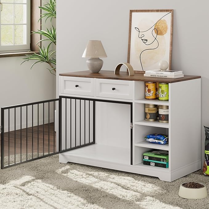 IDEALHOUSE Large Dog Crate Furniture, 47” Dog Crate with 2 Drawers and 4 Shelves, Heavy Duty Wooden Dog Crate, Decorative Dog Indoor Kennel Furniture Indoor with Storage, White