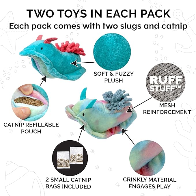 Furhaven 2-Pack Cat Toys w/ 2x Catnip Bags for Indoor Cats, Washable & Durable w/ Refillable Catnip Pocket - Plush Sea Slug Cat Toy Set - Blue/Tie Dye, Set of 2