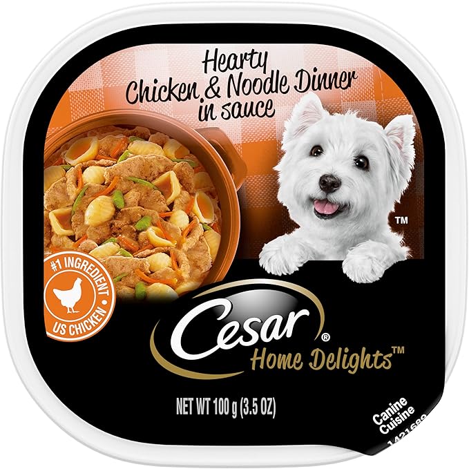 CESAR HOME DELIGHTS Adult Wet Dog Food Hearty Chicken & Noodle Dinner in Sauce, 3.5 oz. Easy Peel Trays, Pack of 24