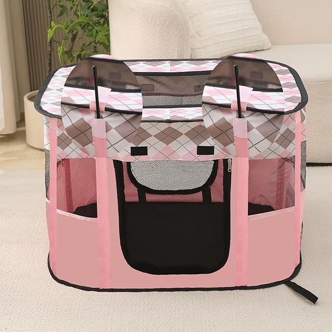 Foldable Pet Playpen, cat playpen, Puppy Play Pen for Indoors (Large, Pink)