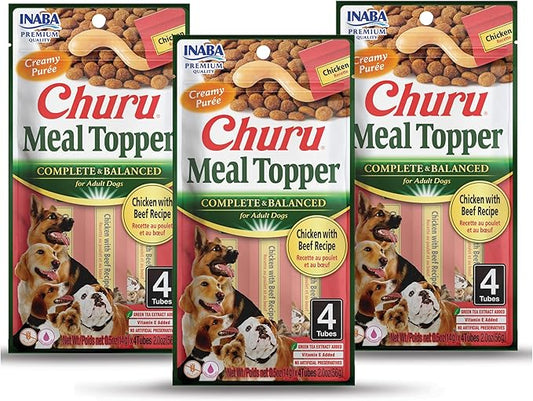 INABA Churu Meal Topper for Dogs, Complete & Balanced, Creamy, Lickable Purée Dog Food Topper, 0.5 Ounce Tube, 12 Tubes (4 per Pack) Chicken with Beef Recipe