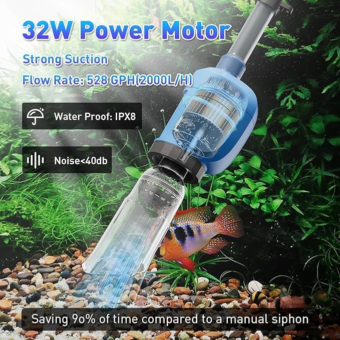 Electric Aquarium Vacuum Gravel Cleaner,32W 6 in 1 Multifunction Automatic Fish Tank Gravel Cleaner Vacuum for Wash Sand & Water Changer