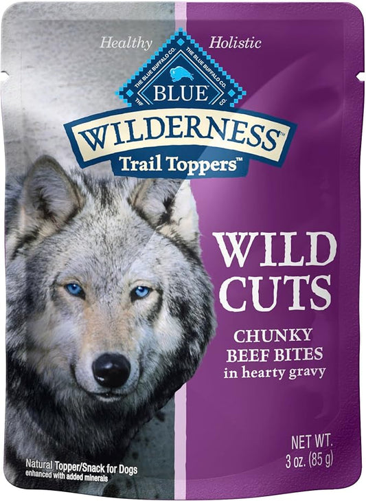 Blue Buffalo Wilderness Trail Toppers Wild Cuts Wet Dog Food, High-Protein & Grain-Free, Made with Natural Ingredients, Chunky Beef Bites in Hearty Gravy, 3-oz. Pouches, (24 Count)