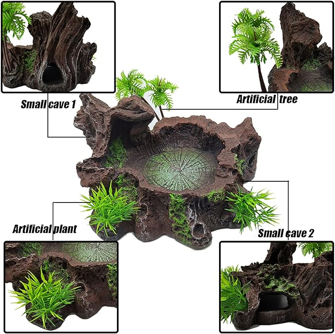 Tfwadmx Reptile Feeding Bowl,Resin Beared Dragon Food Water Dish Tank Decor with Artificial Plants for Lizard Gecko Chameleon Frog Turtle Spider