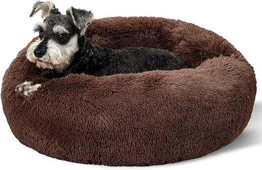 Bedsure Calming Dog Bed for Small Dogs - Donut Washable Small Pet Bed, 23 inches Anti-Slip Round Fluffy Plush Faux Fur Large Cat Bed, Fits up to 25 lbs Pets, Coffee