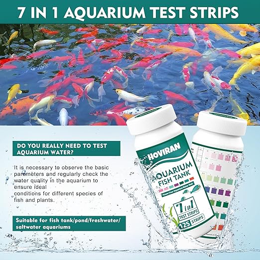 7 in 1 Aquarium Test Strips, 125 Count Fish Tank Test Strips for Freshwater Saltwater Pond, Water Testing Kit Aquarium for Chlorine, Total Hardness, Carbonate, Alkalinity, Nitrate, Nitrite and pH