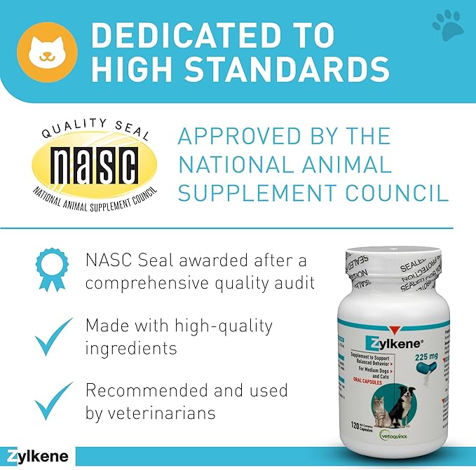 Vetoquinol Zylkene Calming Support Supplement for Medium Dogs 33-65lbs Helps Promote Relaxation and Reduce External Stress Factors, Daily Behavioral Support and Anxiety Relief for Dogs, 225mg