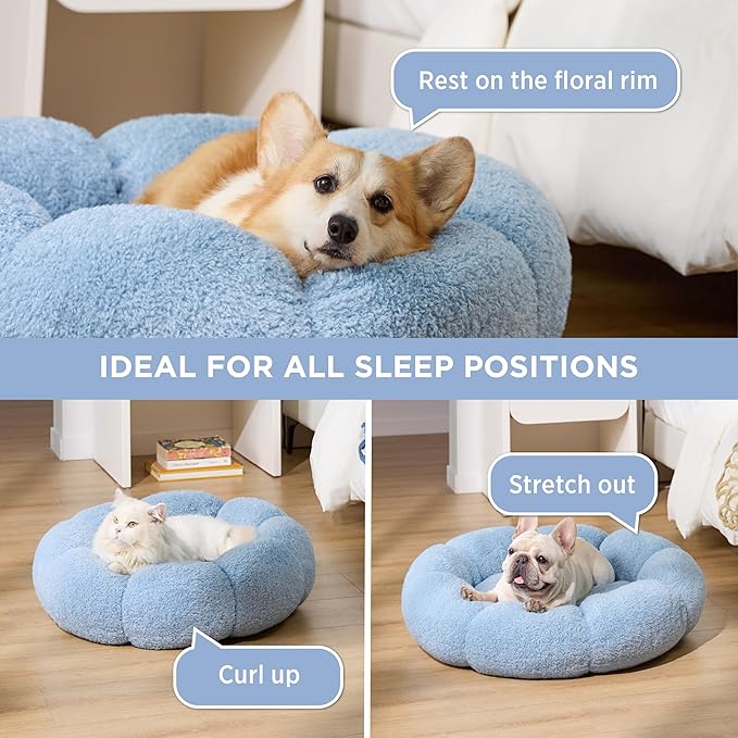 Lesure Calming Medium Dog Bed - Flower Donut Round Fluffy Puppy Bed in Plush Teddy Sherpa, Non-Slip Cute Flower Cat Beds for Indoor Cats, Medium Pet Bed Fits up to 45 lbs, Machine Washable, Blue 30"