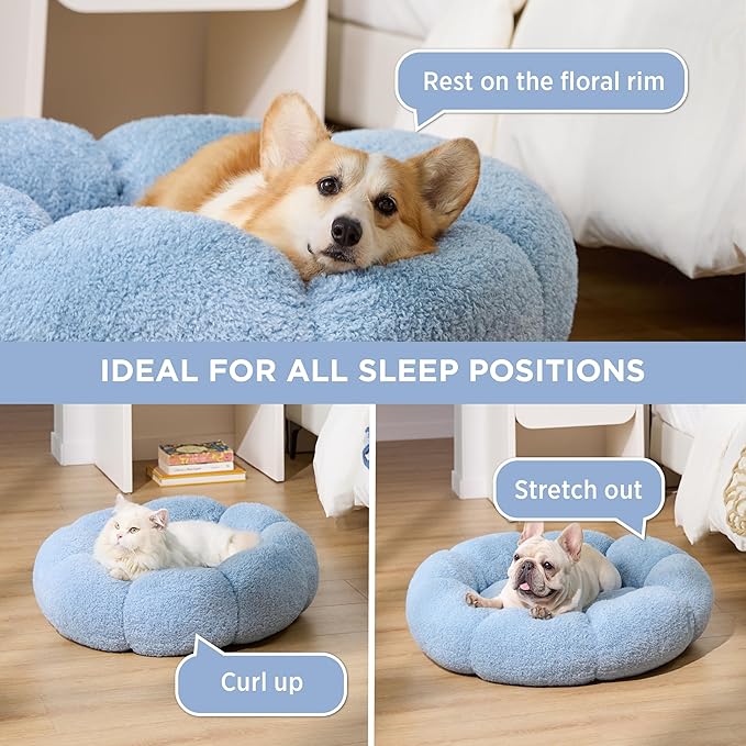 Lesure Calming Small Dog Bed - Flower Donut Round Fluffy Puppy Bed in Plush Teddy Sherpa, Non-Slip Cute Flower Cat Beds for Indoor Cats, Small Pet Bed Fits up to 25 lbs, Machine Washable, Blue 23"
