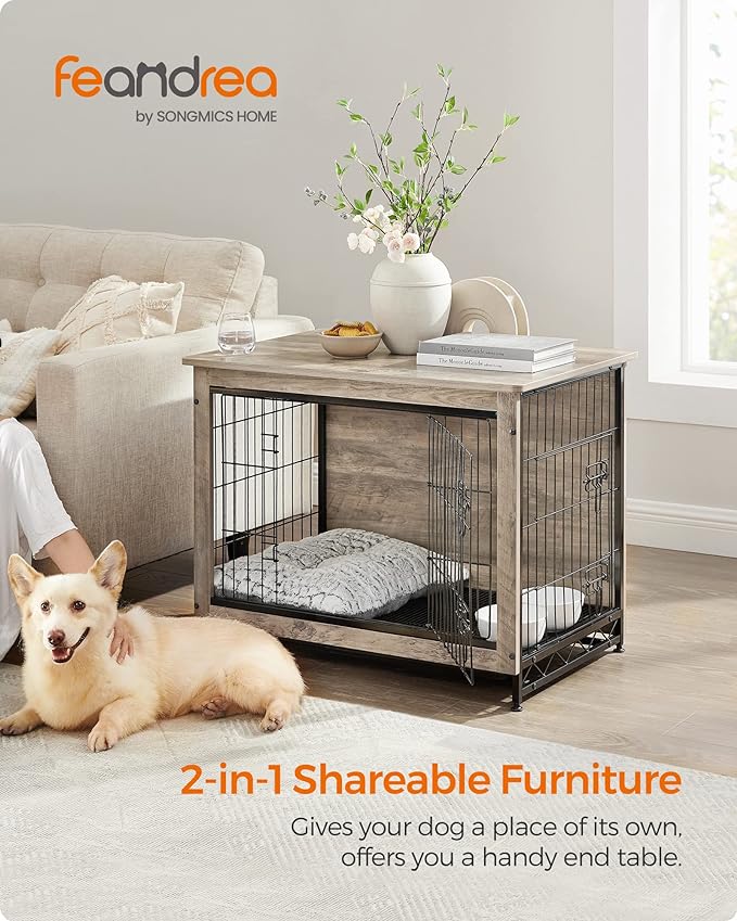 Feandrea Dog Crate Furniture, Side End Table, Modern Kennel for Dogs Indoor up to 45 lb, Heavy-Duty Dog Cage with Multi-Purpose Removable Tray, Double-Door Dog House, Greige UPFC002G01