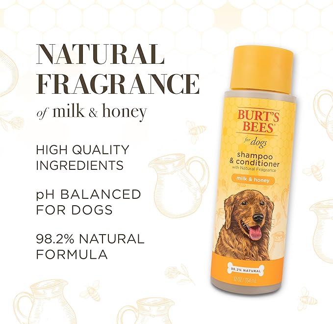 Burt's Bees for Pets Milk and Honey Shampoo and Conditioner for Dogs, Naturally Derived Ingredients, Cruelty Free, Formulated without Sulfates and Parabens, pH Balanced for Dogs, 12 Fl Oz